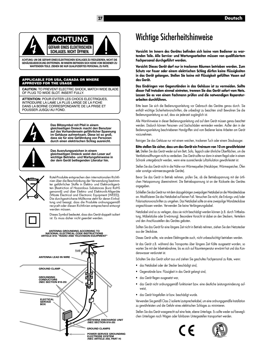 Rotel RT-06 owner manual Wichtige Sicherheitshinweise, Achtung 