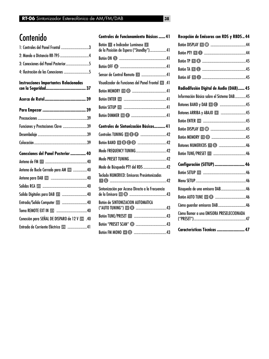 Rotel RT-06 owner manual Contenido, Acerca de Rotel Para Empezar, Botón de Sintonizacion Automatica 