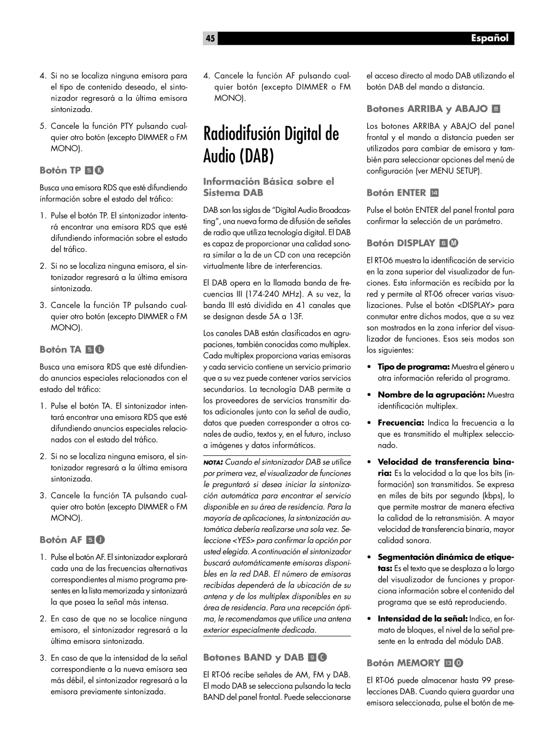 Rotel RT-06 Botón TP 5K, Botón TA 5L, Botón AF 5J, Información Básica sobre el Sistema DAB, Botones Band y DAB 9C 