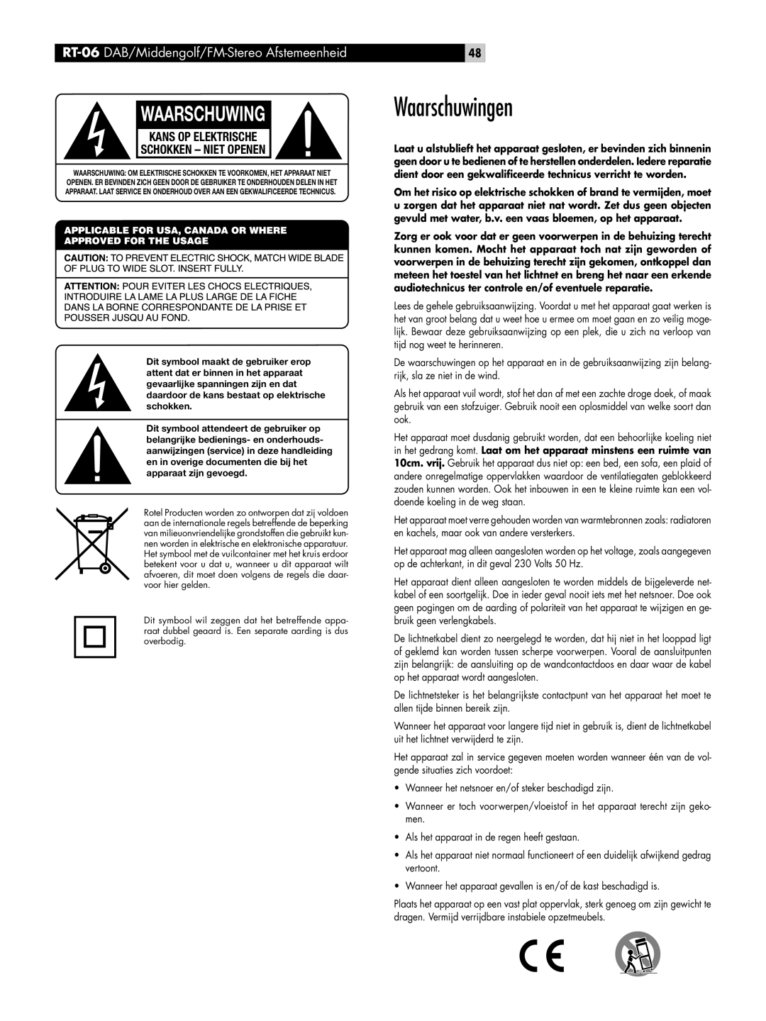 Rotel RT-06 owner manual Waarschuwingen 