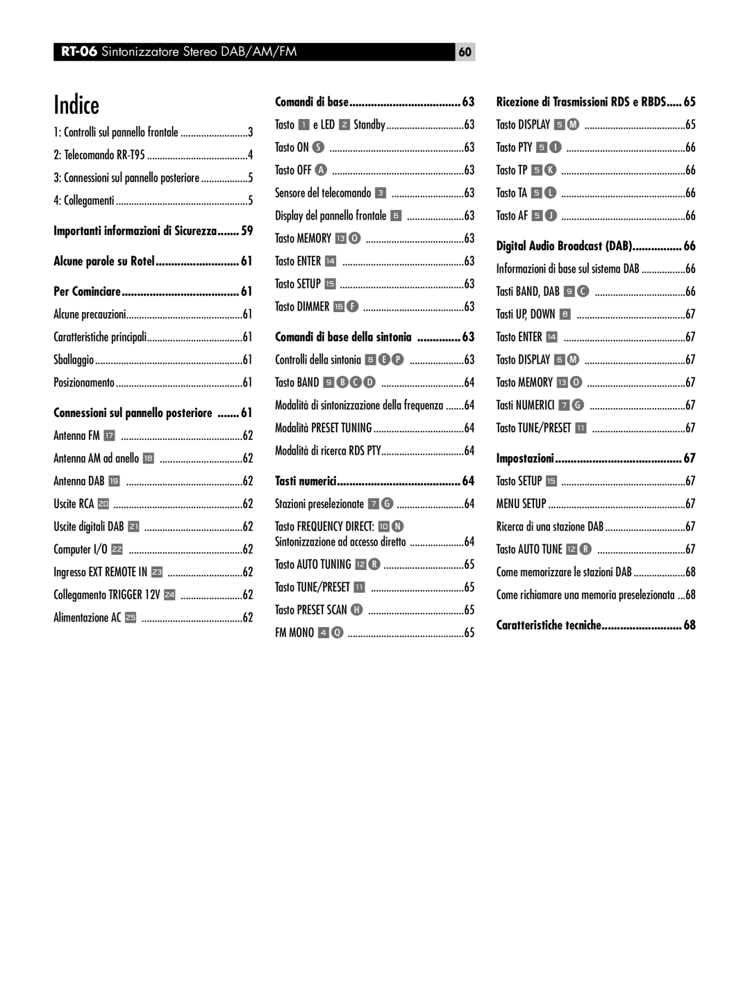 Rotel RT-06 owner manual Indice, Connessioni sul pannello posteriore, Ricezione di Trasmissioni RDS e Rbds 