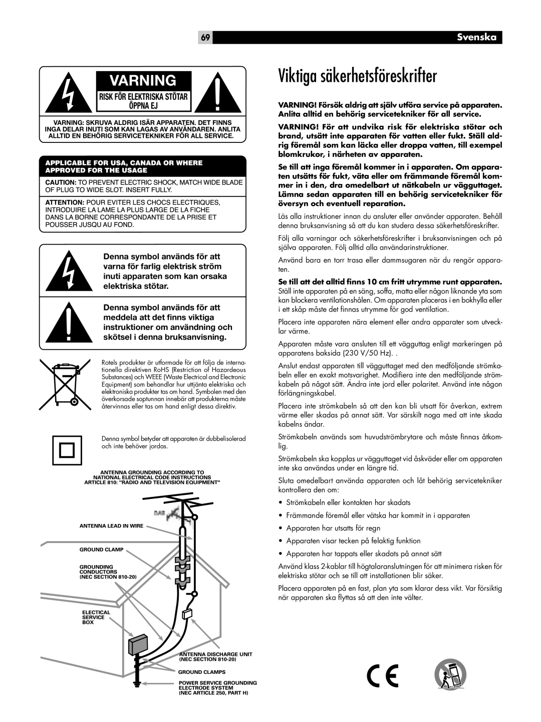 Rotel RT-06 owner manual Viktiga säkerhetsföreskrifter, Varning 