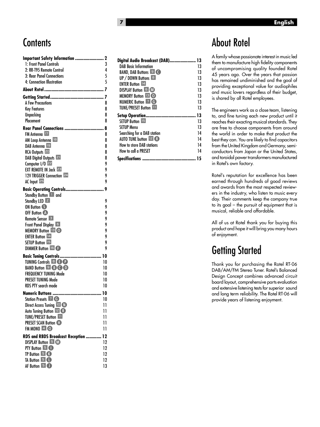 Rotel RT-06 owner manual Contents, About Rotel, Getting Started 