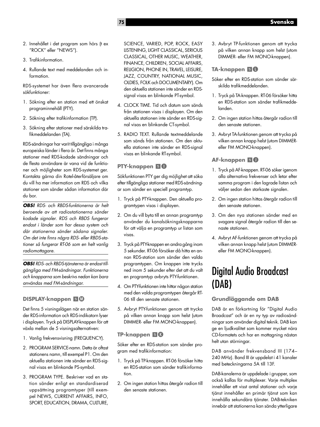 Rotel RT-06 owner manual DISPLAY-knappen 5M, PTY-knappen, TP-knappen 5K, TA-knappen 5L, AF-knappen 5J, Grundläggande om DAB 