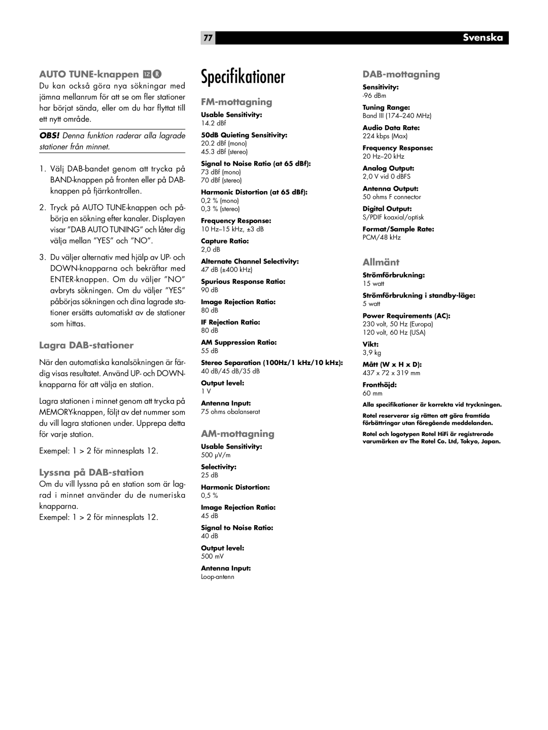 Rotel RT-06 owner manual Speciﬁkationer 