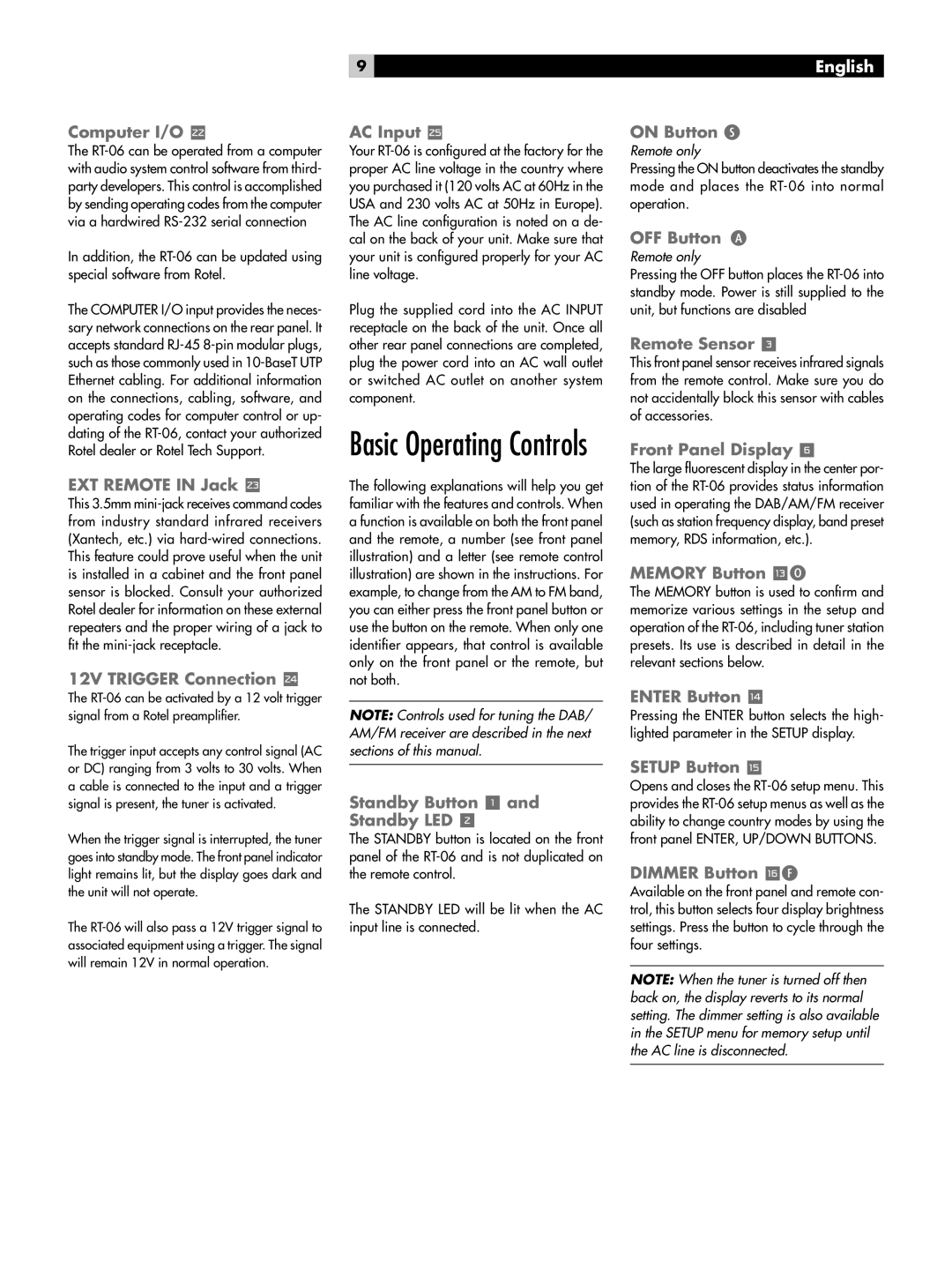 Rotel RT-06 owner manual Computer I/O p, EXT Remote in Jack, 12V Trigger Connection, AC Input, Standby Button 1 Standby LED 