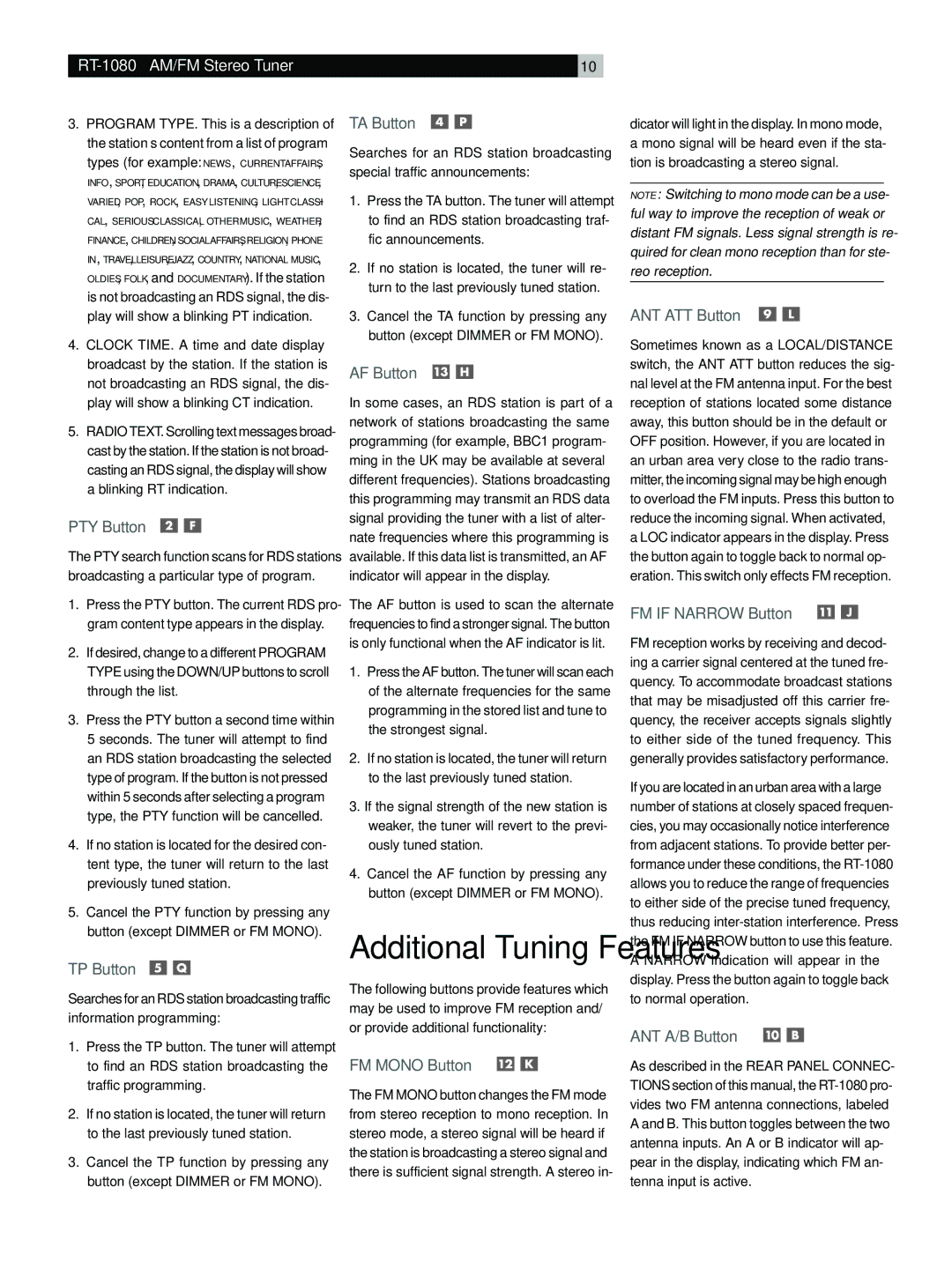 Rotel RT-1080 owner manual PTY Button, TP Button, TA Button, AF Button, FM Mono Button, ANT ATT Button, FM if Narrow Button 