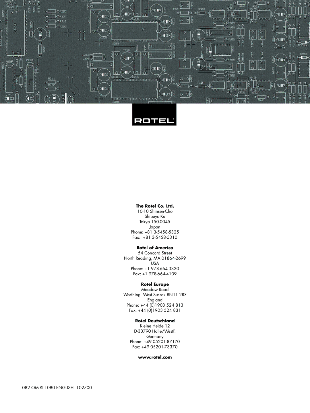 Rotel RT-1080 owner manual Rotel of America 