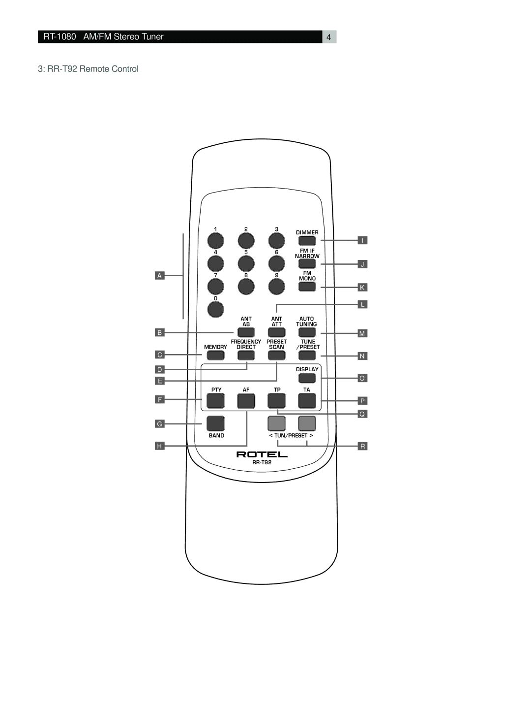 Rotel owner manual RT-1080AM/FM Stereo Tuner, RR-T92 Remote Control 