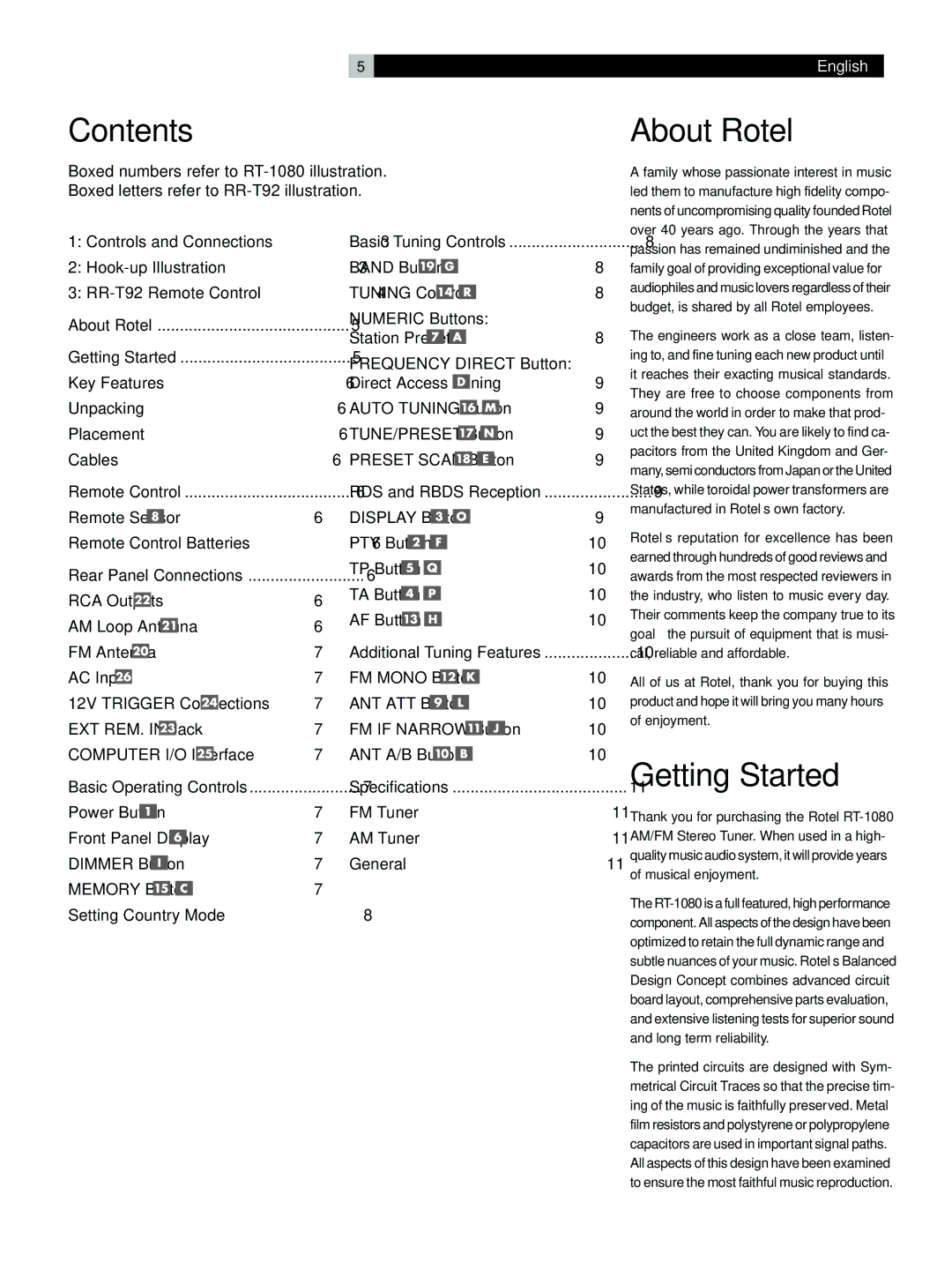 Rotel RT-1080 owner manual Contents, About Rotel, Getting Started 