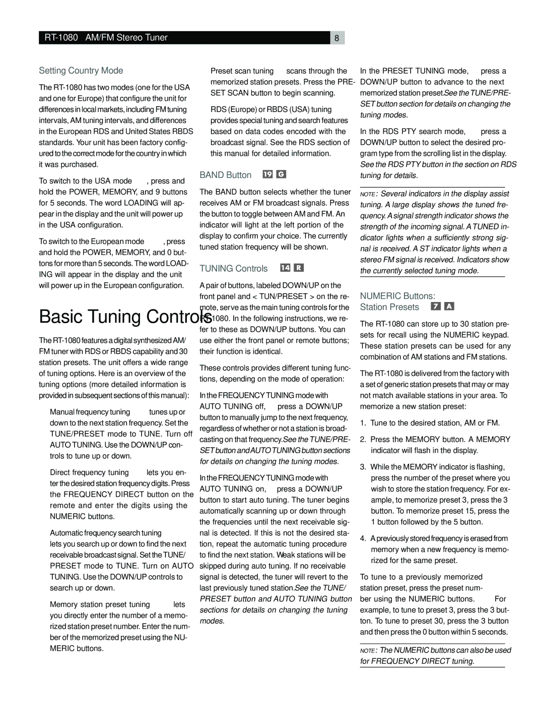 Rotel RT-1080 owner manual Setting Country Mode, Band Button, Tuning Controls, Numeric Buttons Station Presets 