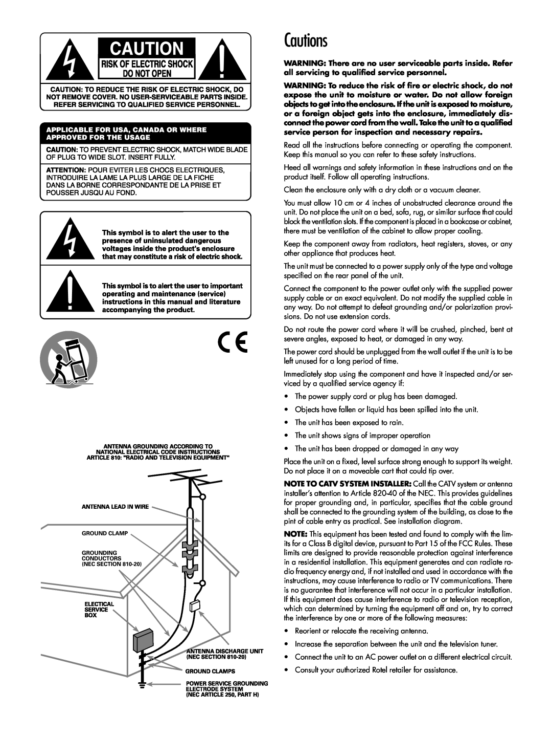 Rotel RT-1080 owner manual Cautions 