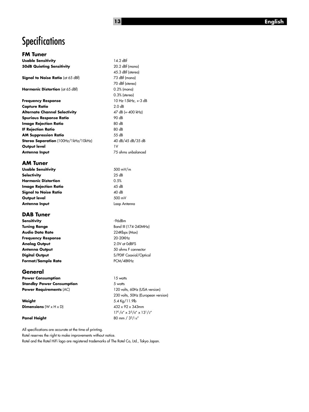 Rotel RT-1082 owner manual Speciﬁcations, FM Tuner 