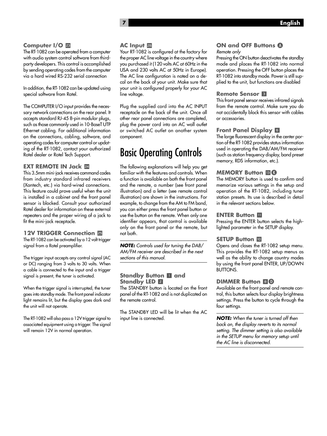 Rotel RT-1082 Computer I/O, EXT Remote in Jack, 12V Trigger Connection, AC Input a, Standby Button 1 Standby LED 