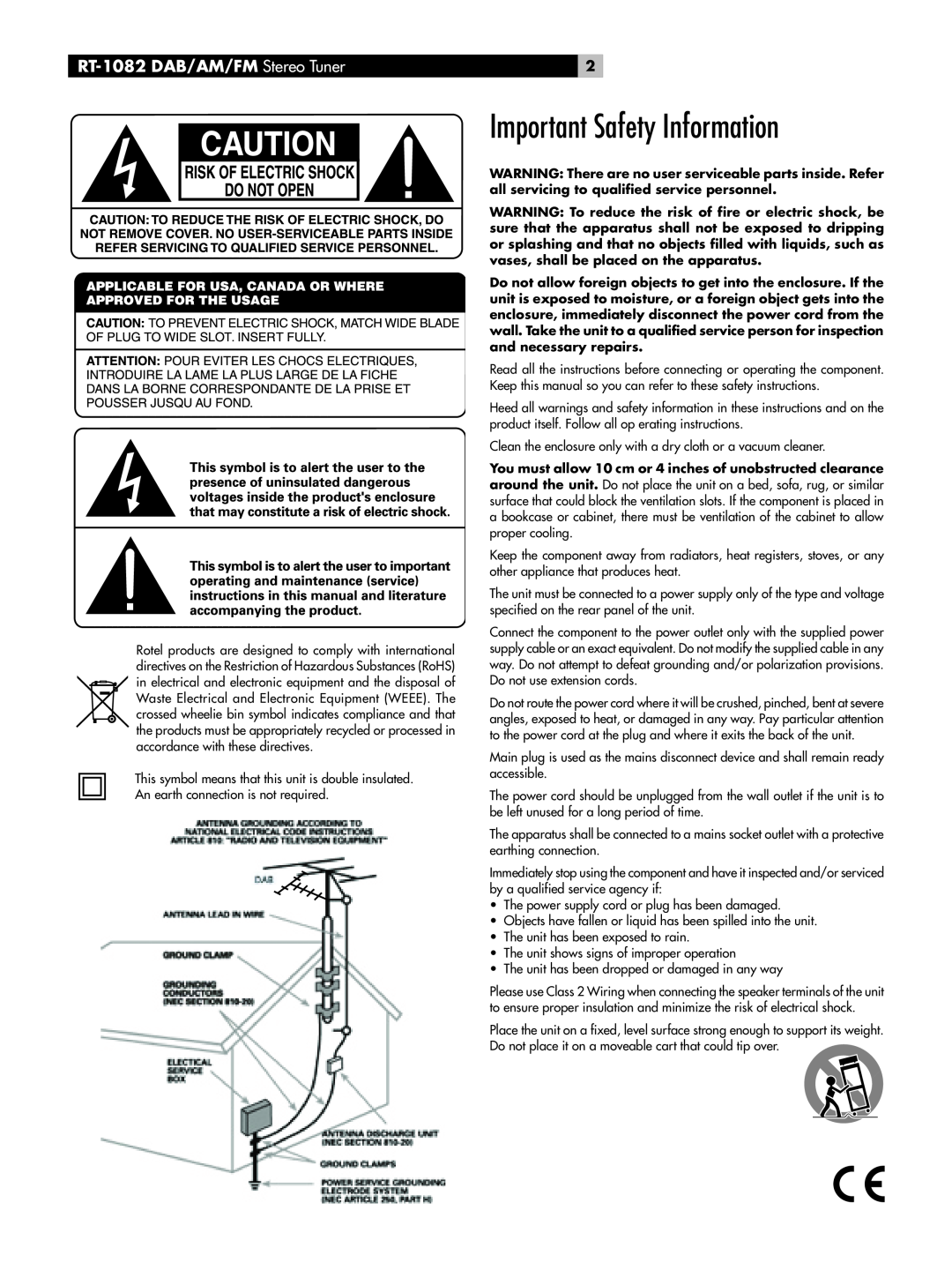 Rotel owner manual Important Safety Information, RT-1082DAB/AM/FM Stereo Tuner 