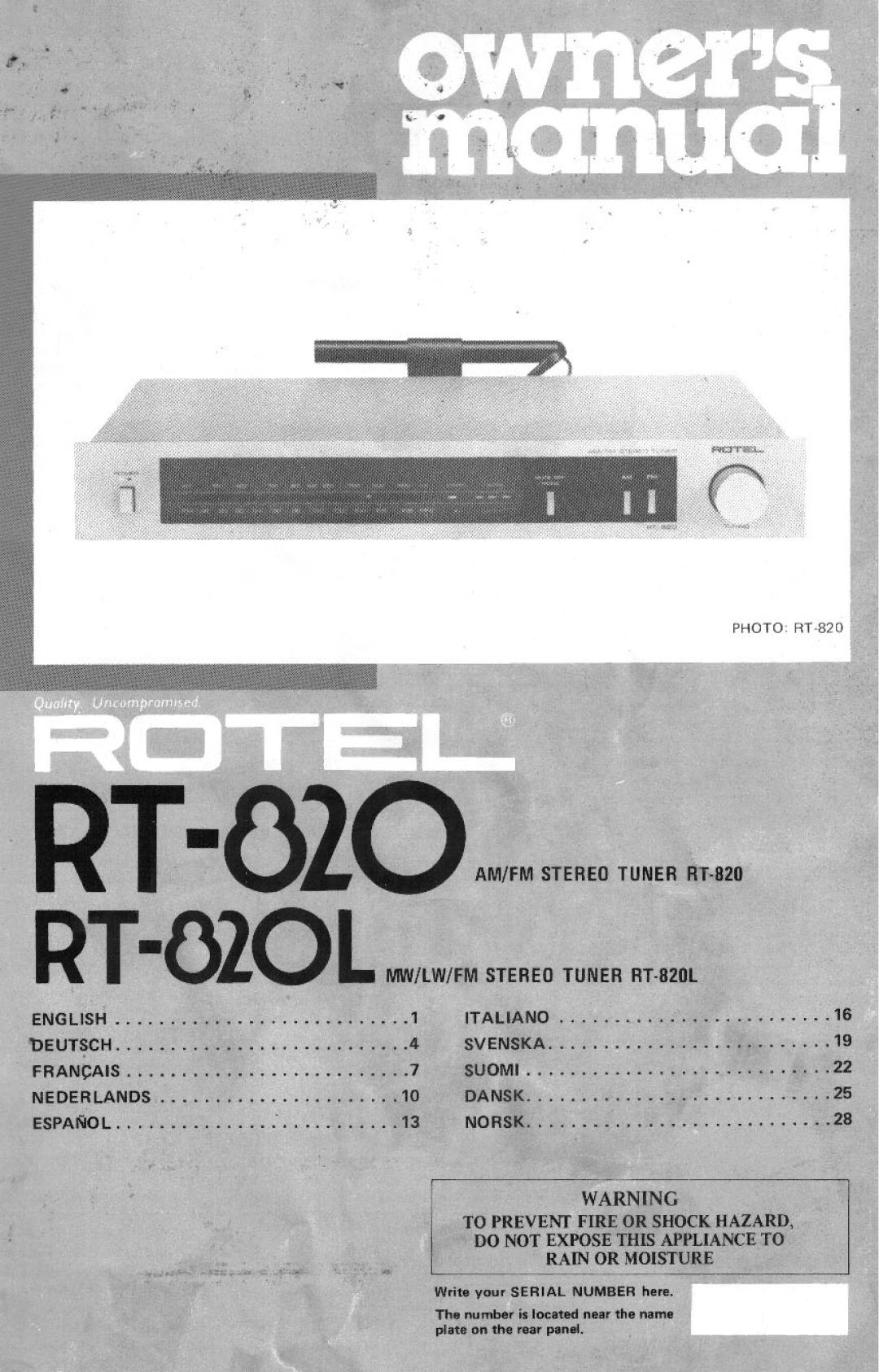 Rotel RT-820L manual 