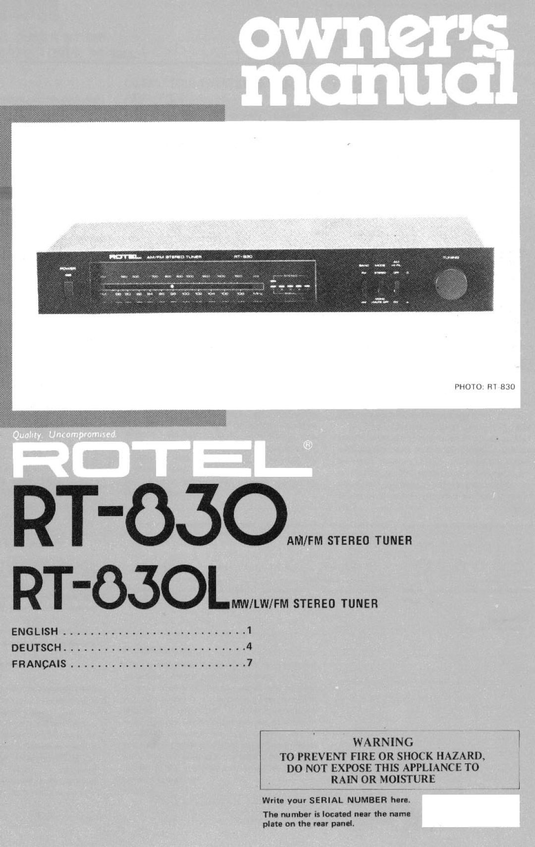 Rotel RT-830L manual 