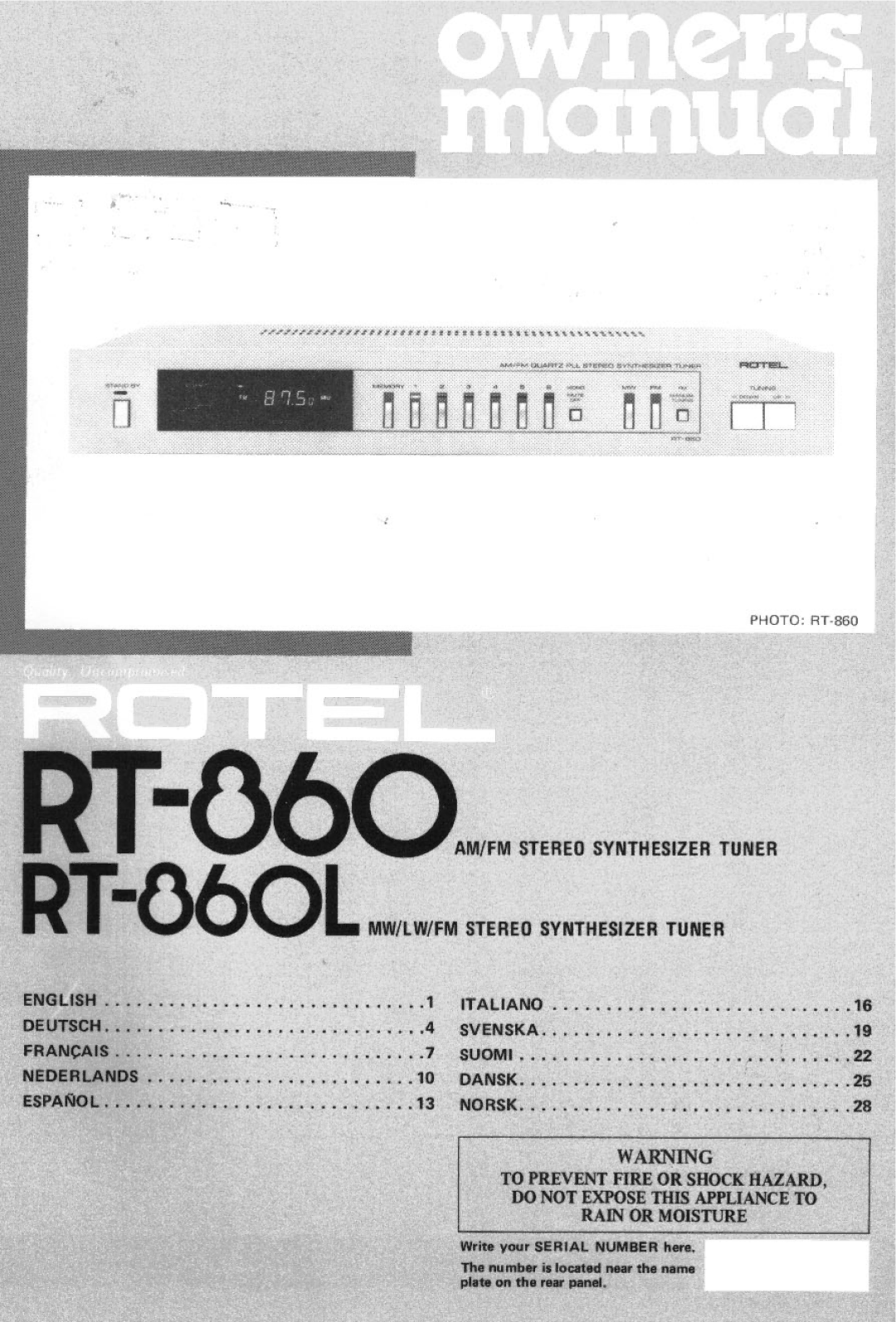 Rotel RT-860L manual 