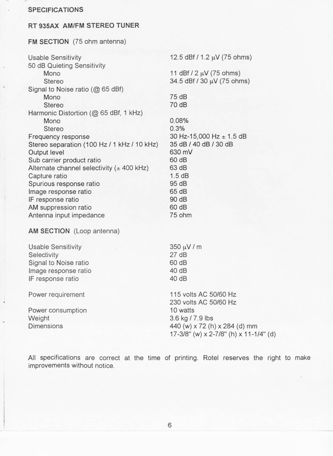 Rotel RT 935AX manual 