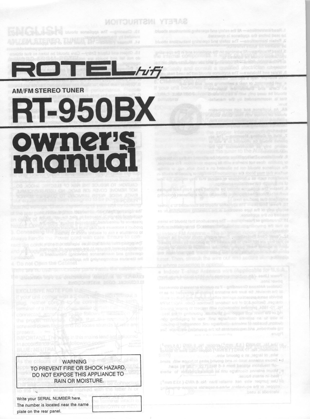 Rotel RT-950BX manual 