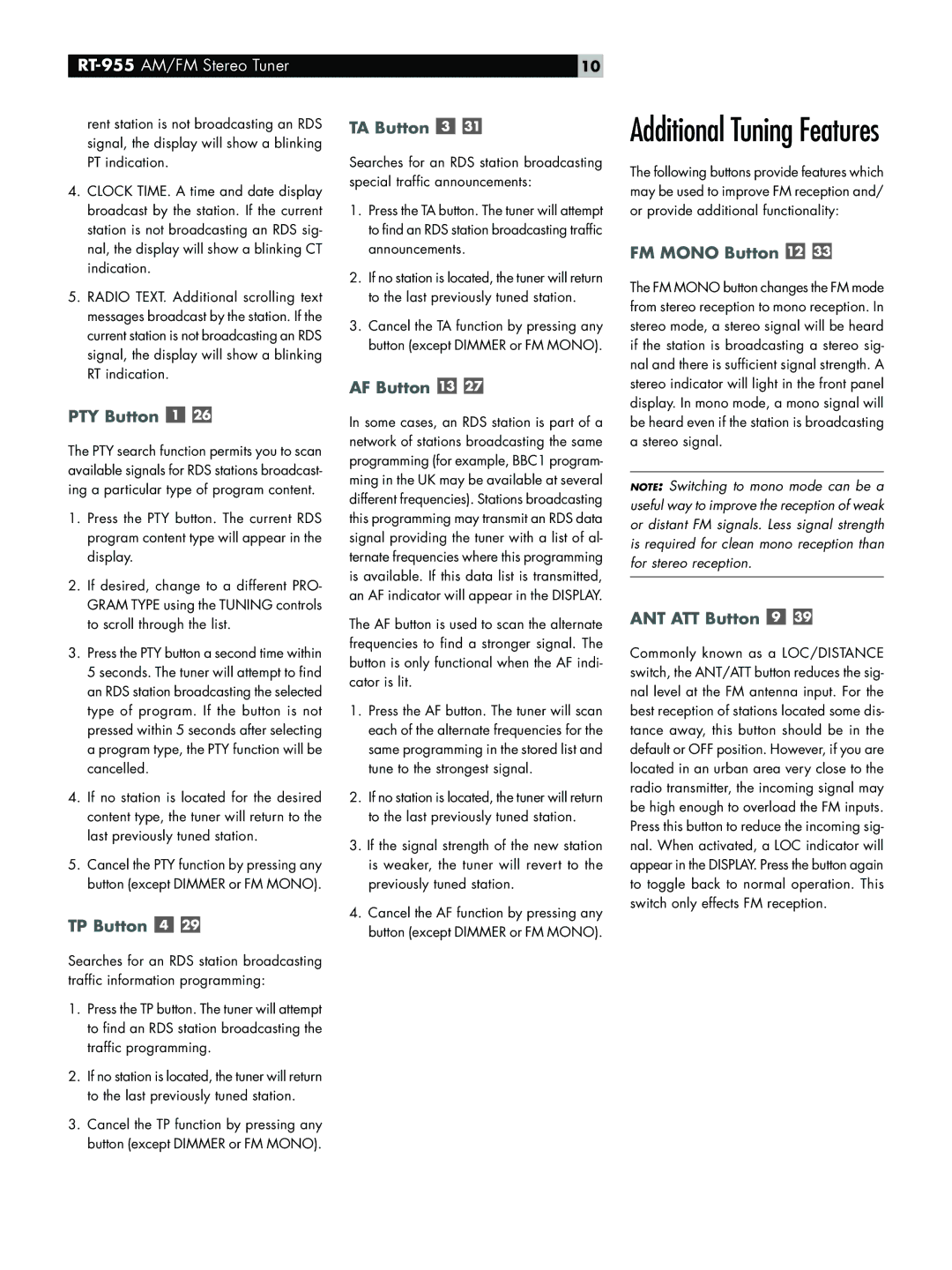 Rotel RT-955 owner manual PTY Button, TP Button, TA Button, AF Button, FM Mono Button, ANT ATT Button 