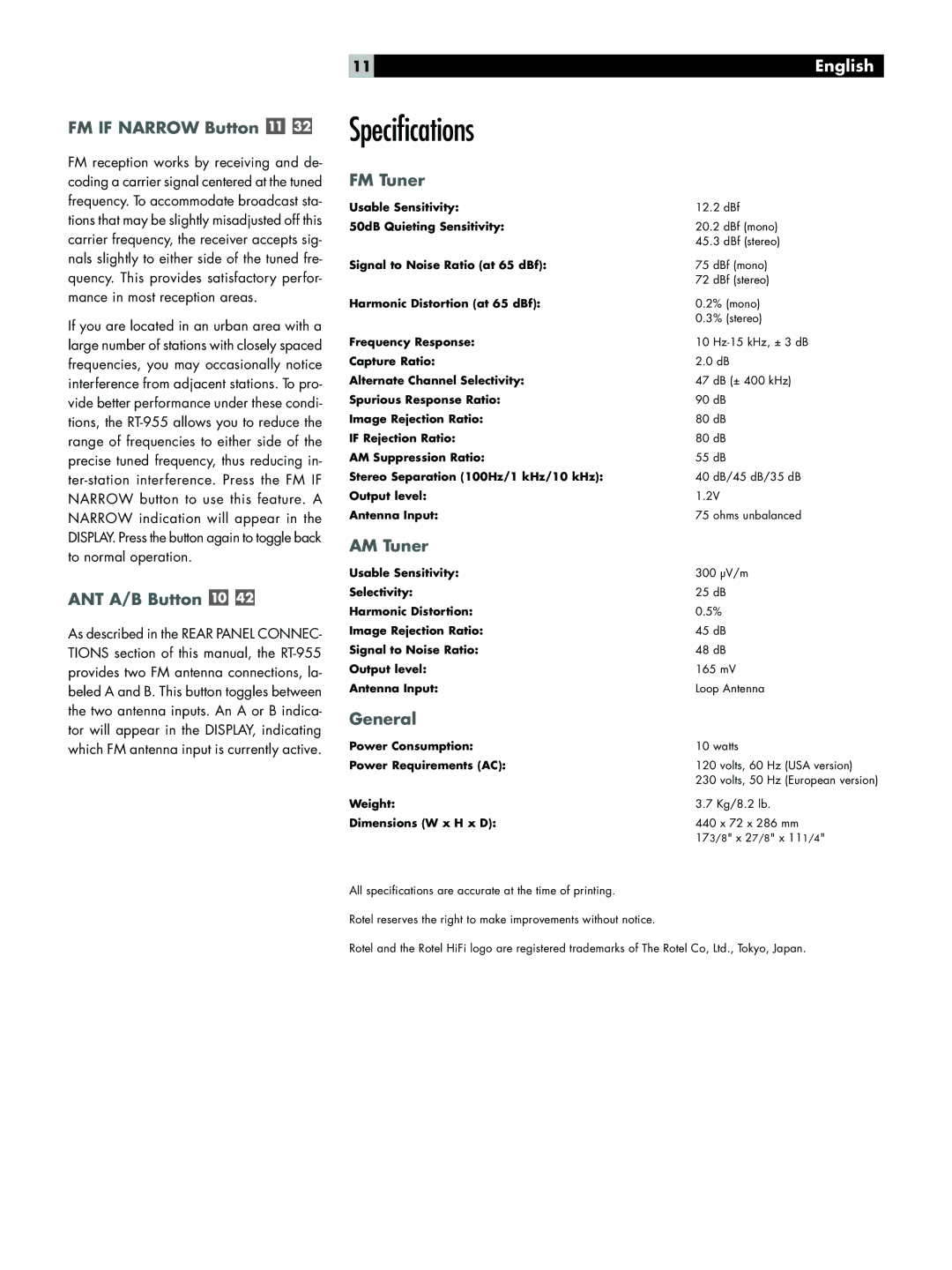 Rotel RT-955 owner manual Specifications 