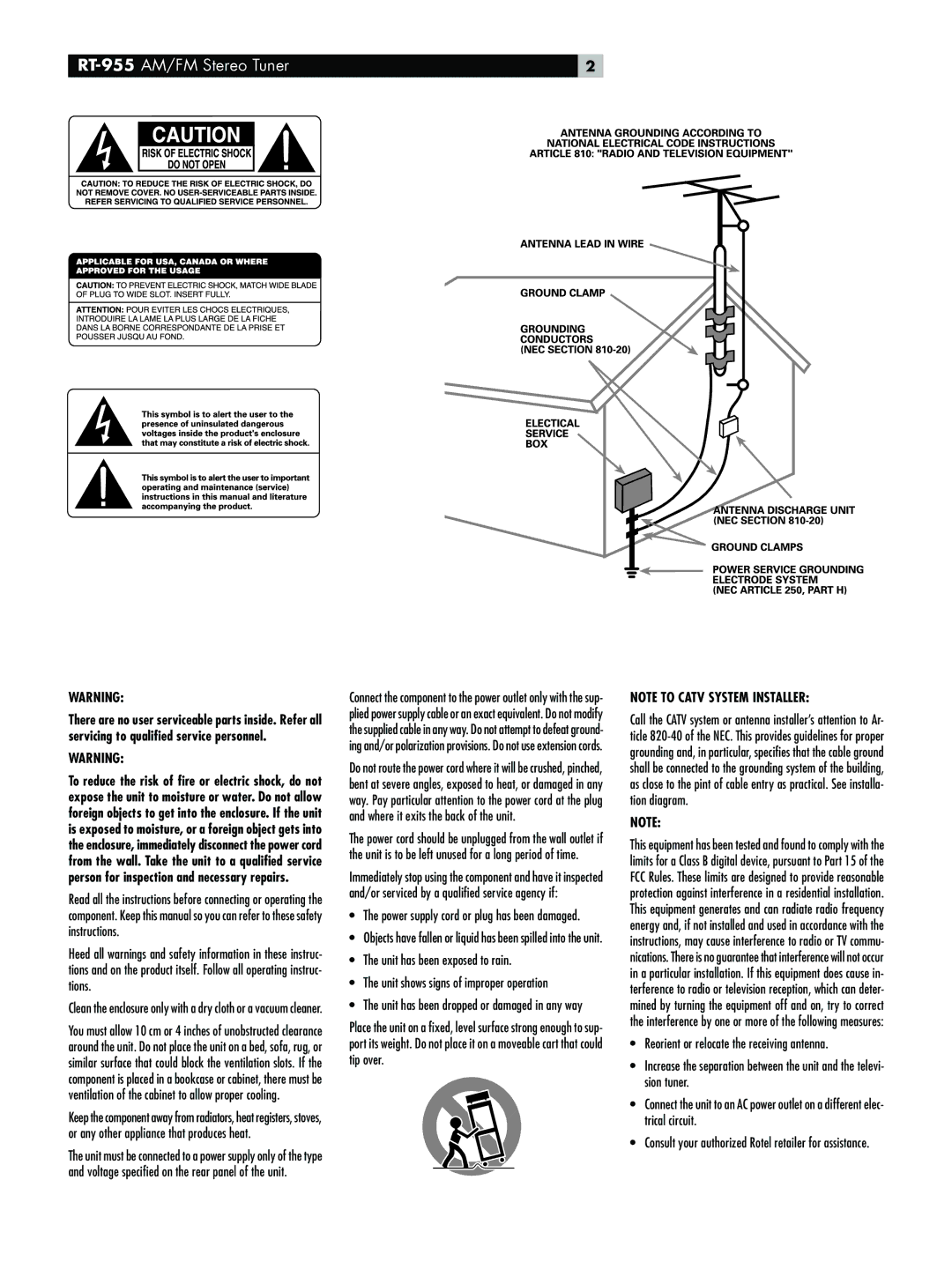 Rotel owner manual RT-955AM/FM Stereo Tuner 