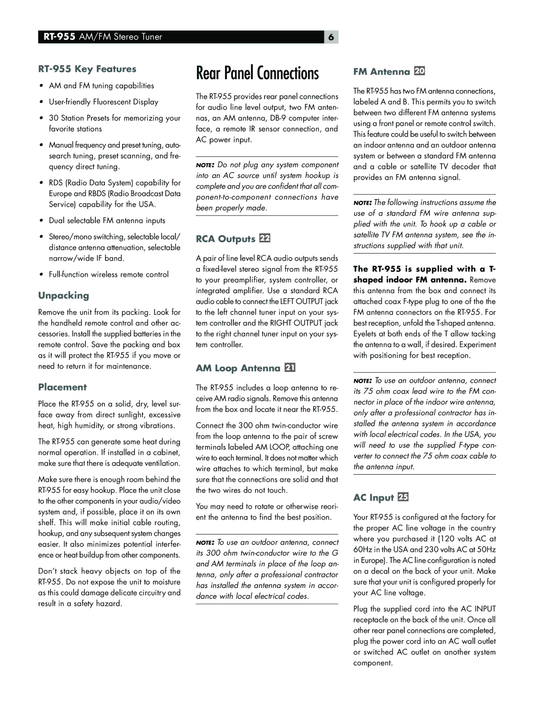 Rotel owner manual RT-955 Key Features, Unpacking, Placement, RCA Outputs, AM Loop Antenna, FM Antenna, AC Input 