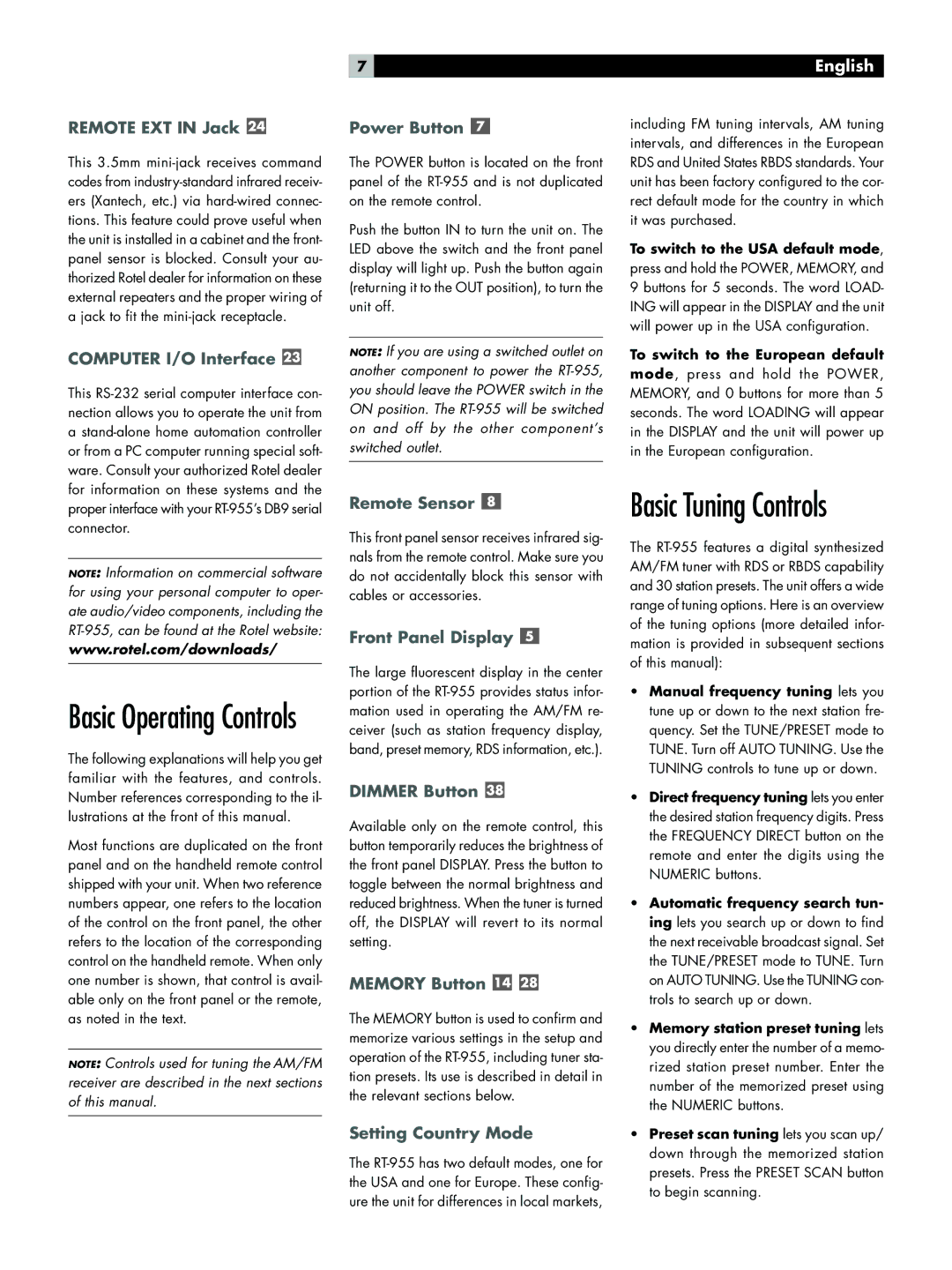 Rotel RT-955 owner manual Basic Tuning Controls 