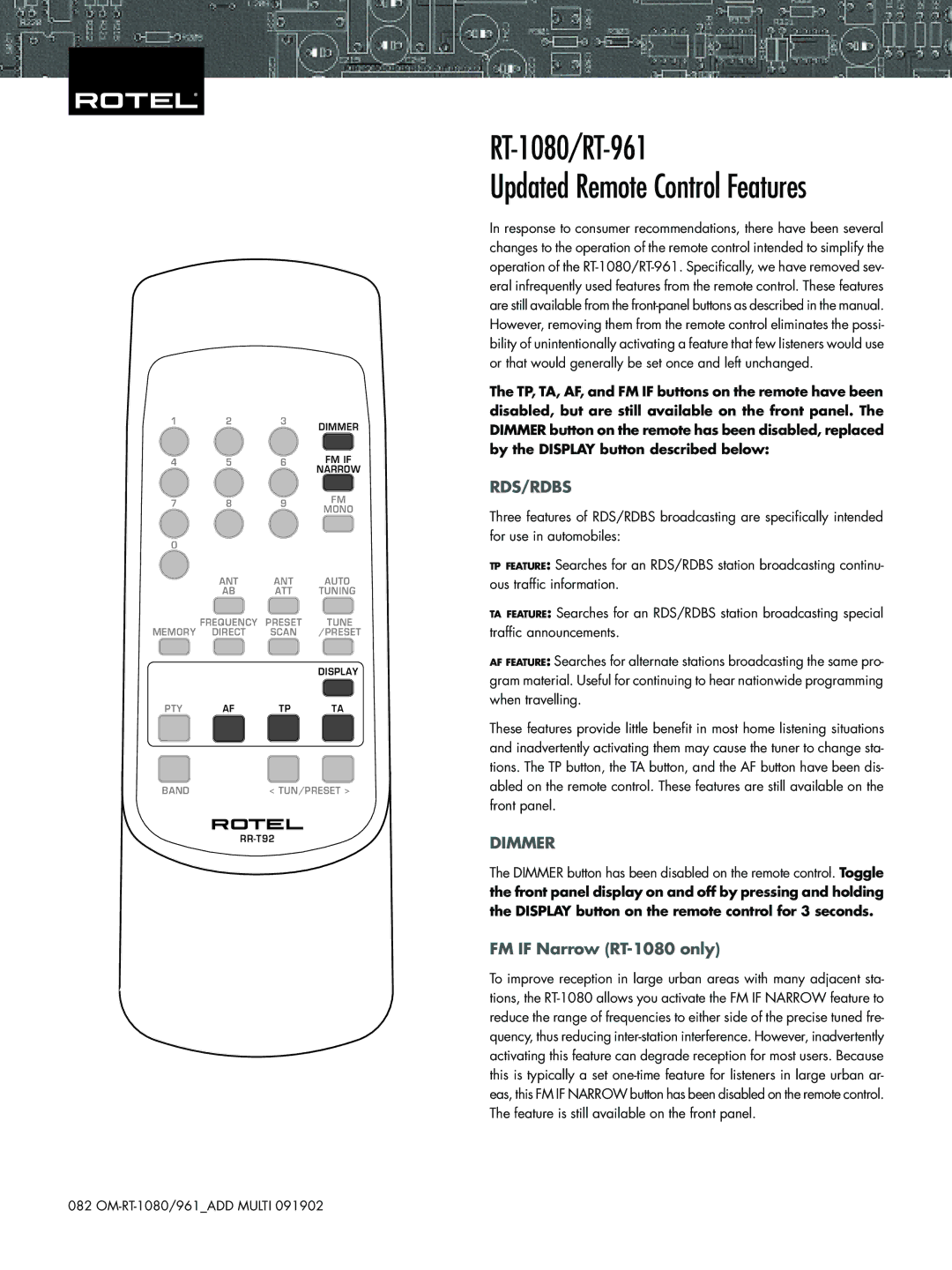 Rotel manual RT-1080/RT-961, Rds/Rdbs, Dimmer, FM if Narrow RT-1080 only 