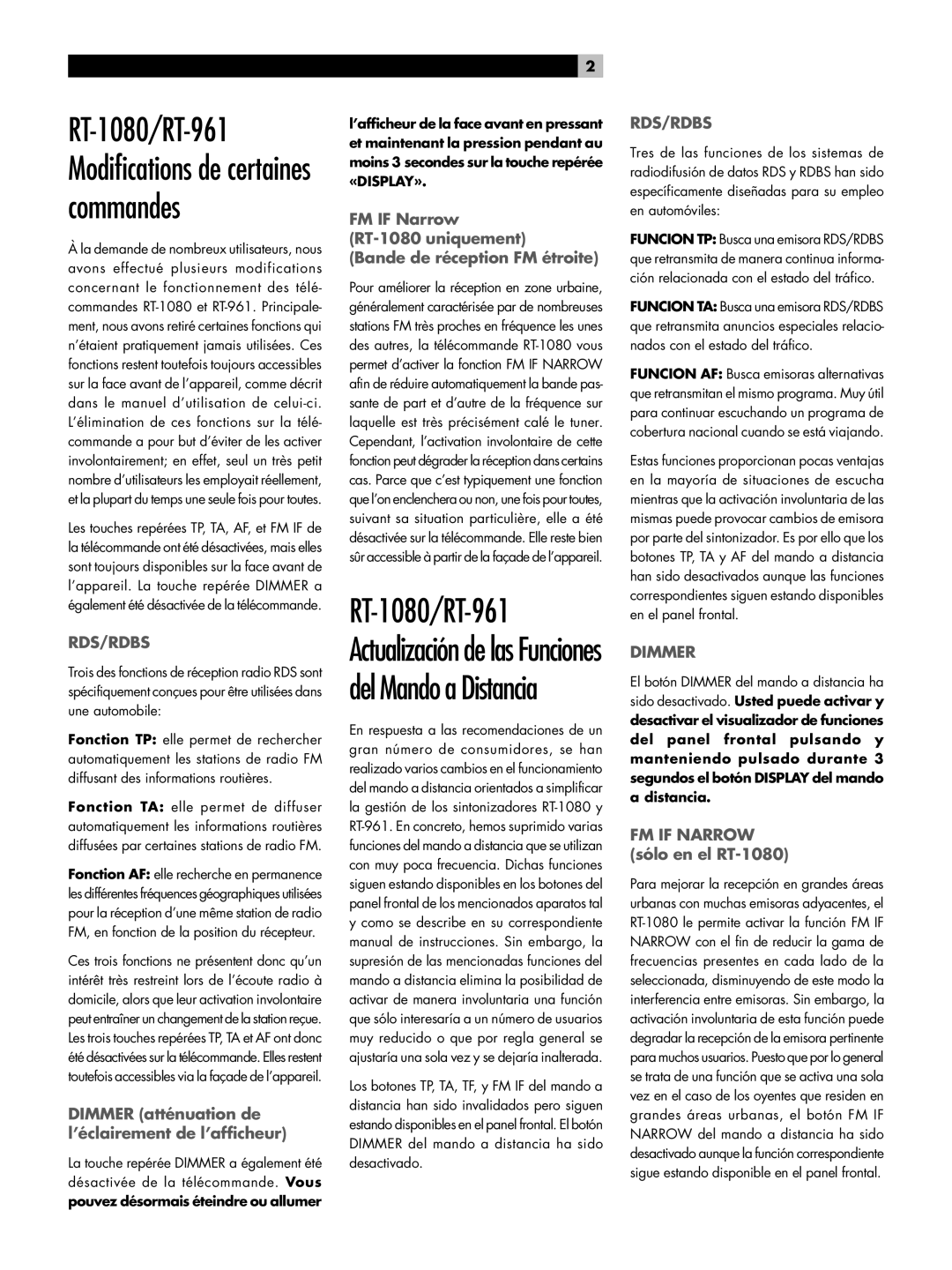 Rotel RT-961 manual Dimmer atténuation de l’éclairement de l’afficheur, FM if Narrow sólo en el RT-1080 