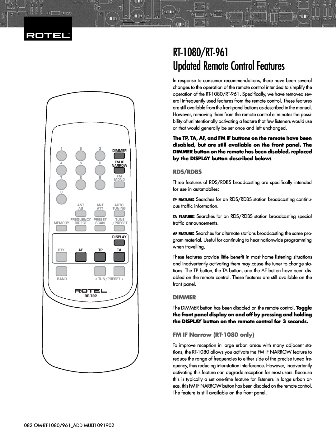 Rotel manual RT-1080/RT-961, Rds/Rdbs, Dimmer, FM IF Narrow RT-1080 only, Updated Remote Control Features 