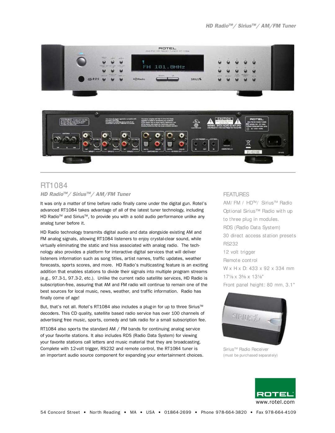 Rotel RT1084 manual Features, SiriusTM Radio Receiver 