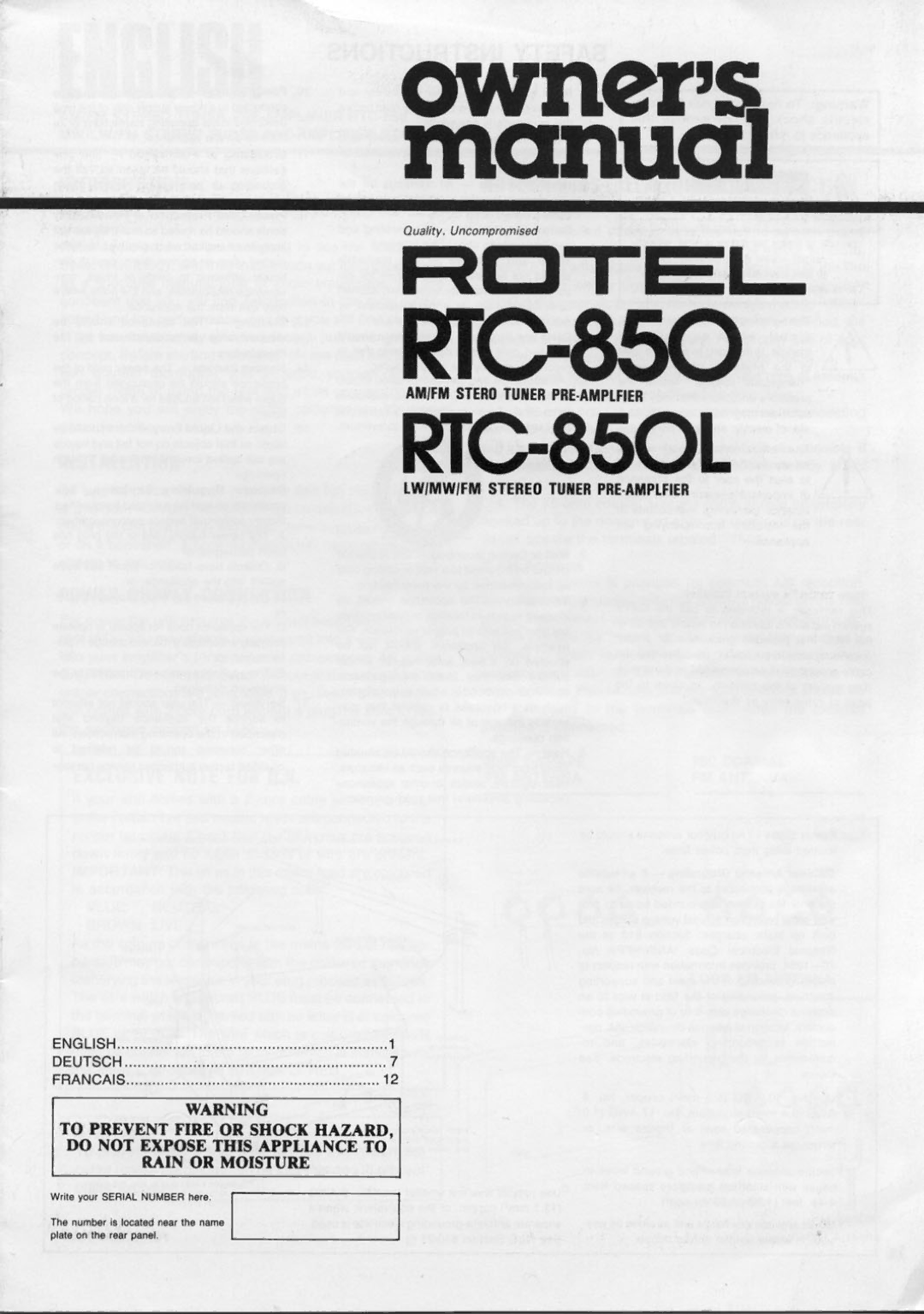 Rotel RTC-850L manual 