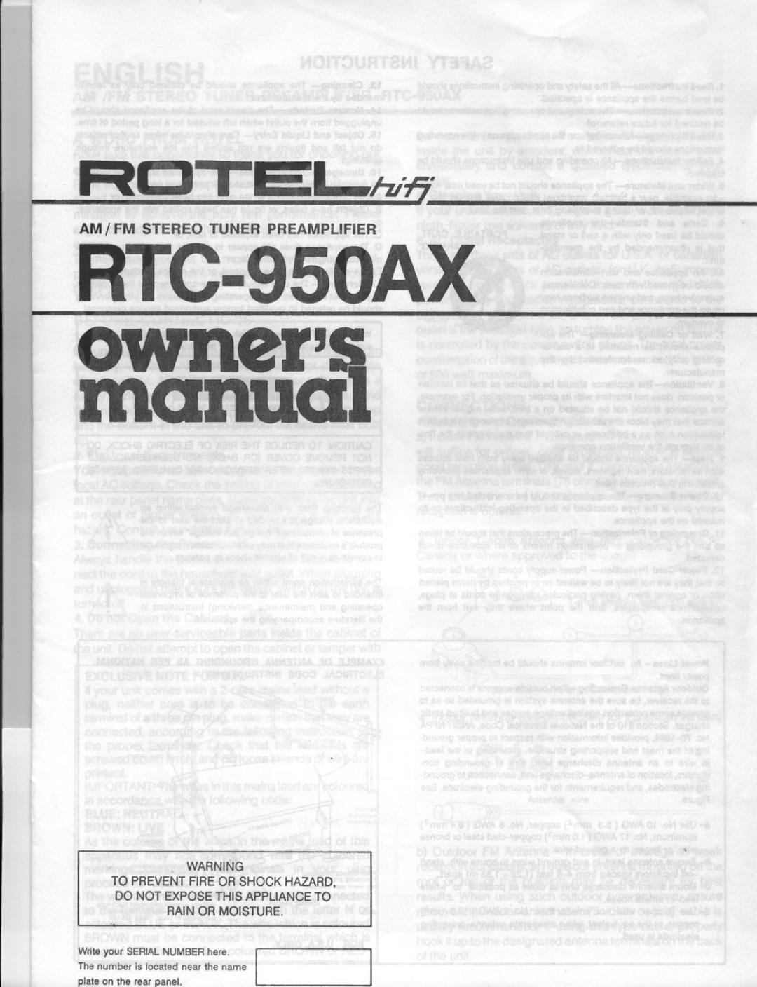 Rotel RTC-950AX manual 