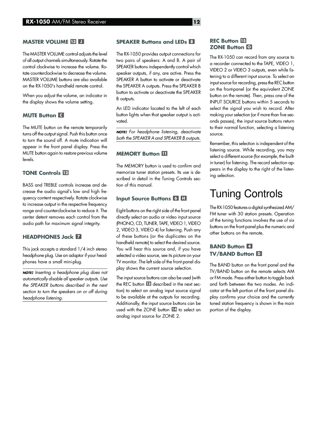 Rotel RX-1050 owner manual Tuning Controls 