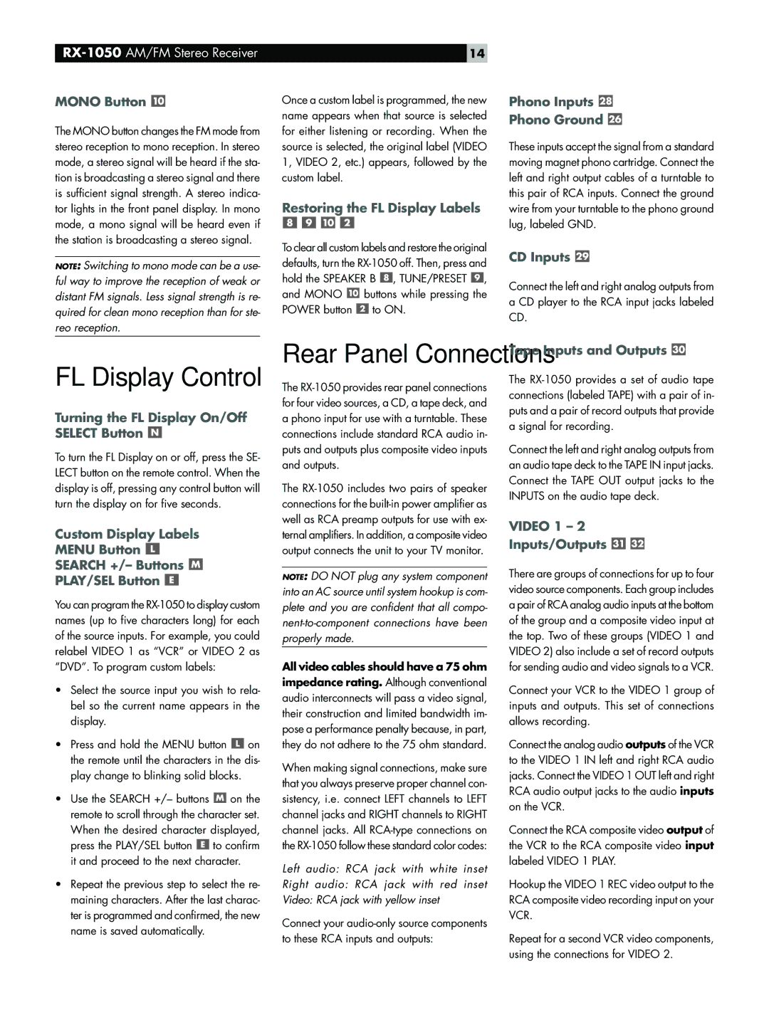 Rotel RX-1050 owner manual FL Display Control 