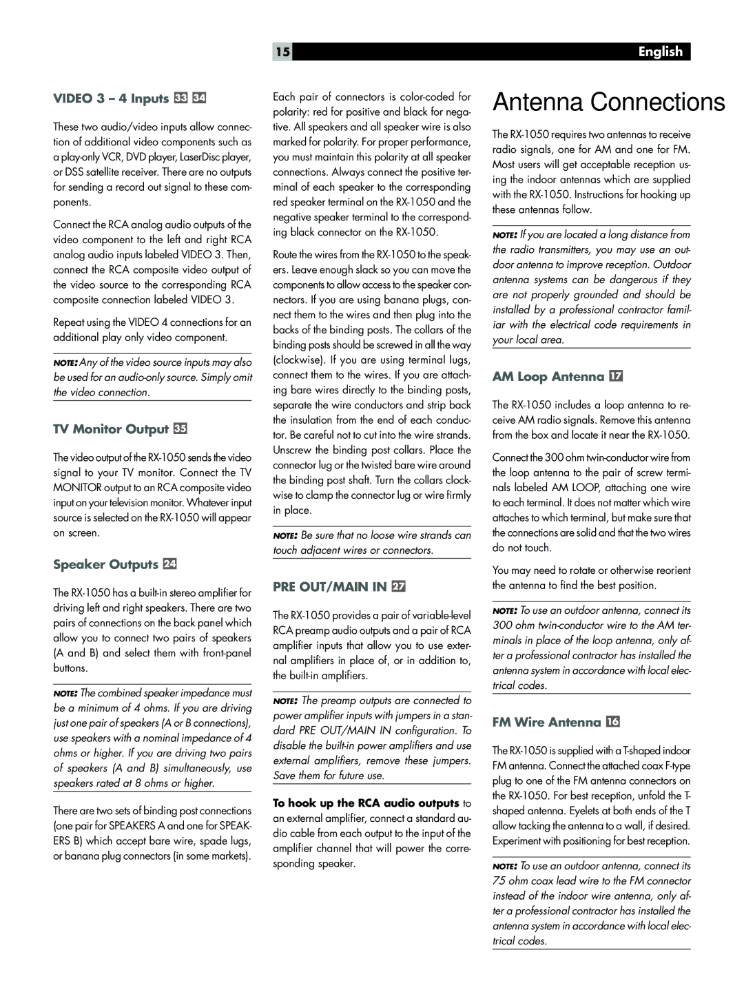 Rotel RX-1050 owner manual Antenna Connections 