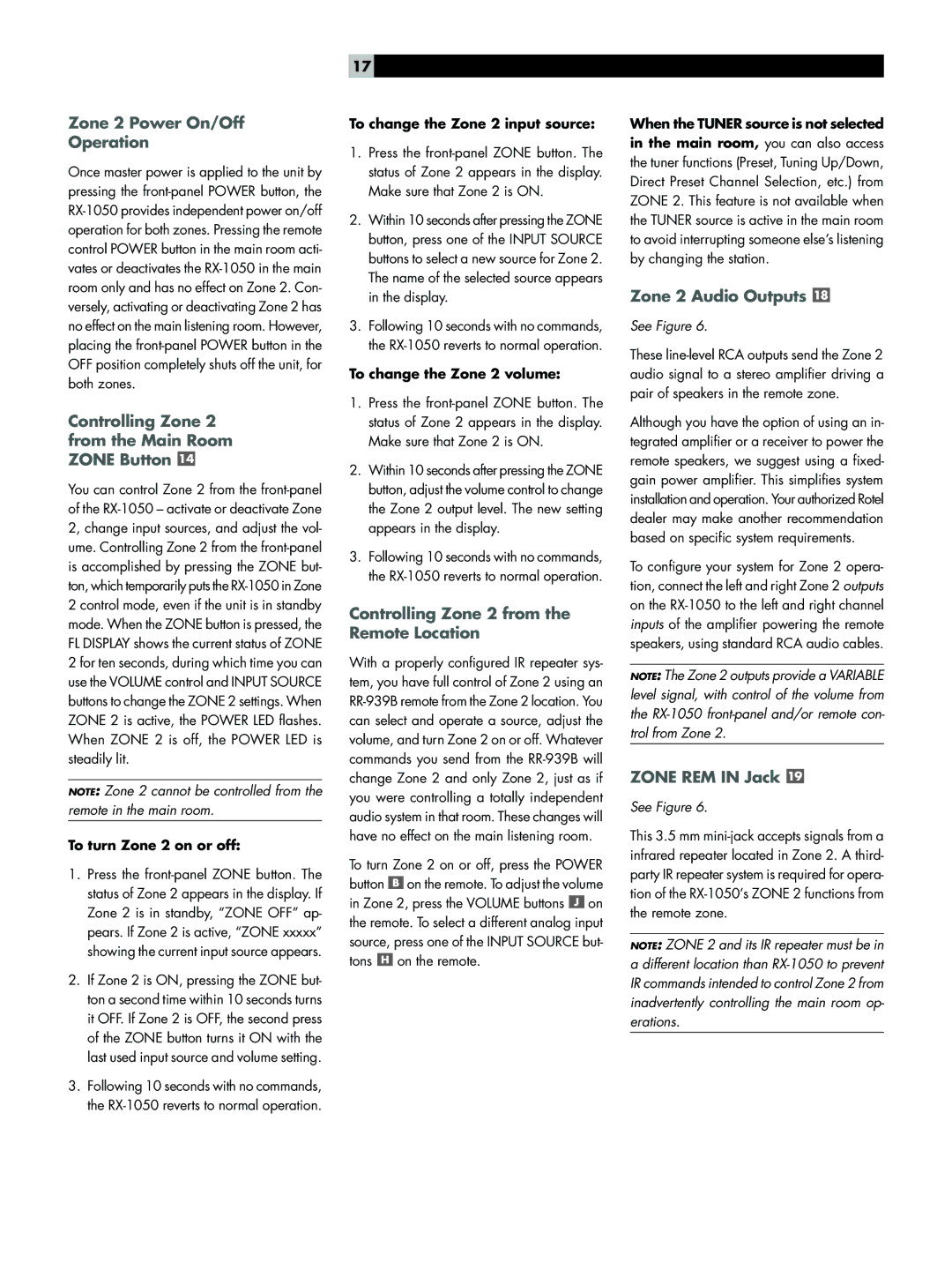 Rotel RX-1050 Zone 2 Power On/Off Operation, Controlling Zone 2 from the Main Room Zone Button, Zone 2 Audio Outputs 