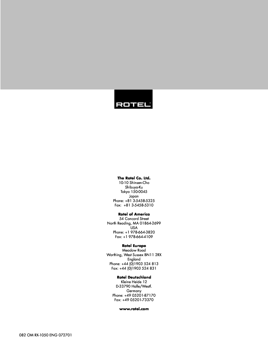Rotel RX-1050 owner manual Rotel of America, Rotel Europe, Rotel Deutschland 