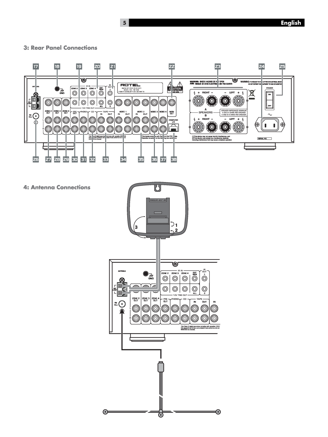 Rotel owner manual Rear Panel Connections, Antenna Connections, English, Am/Fm Stereo Receiver, MODEL NO. RX-1052 