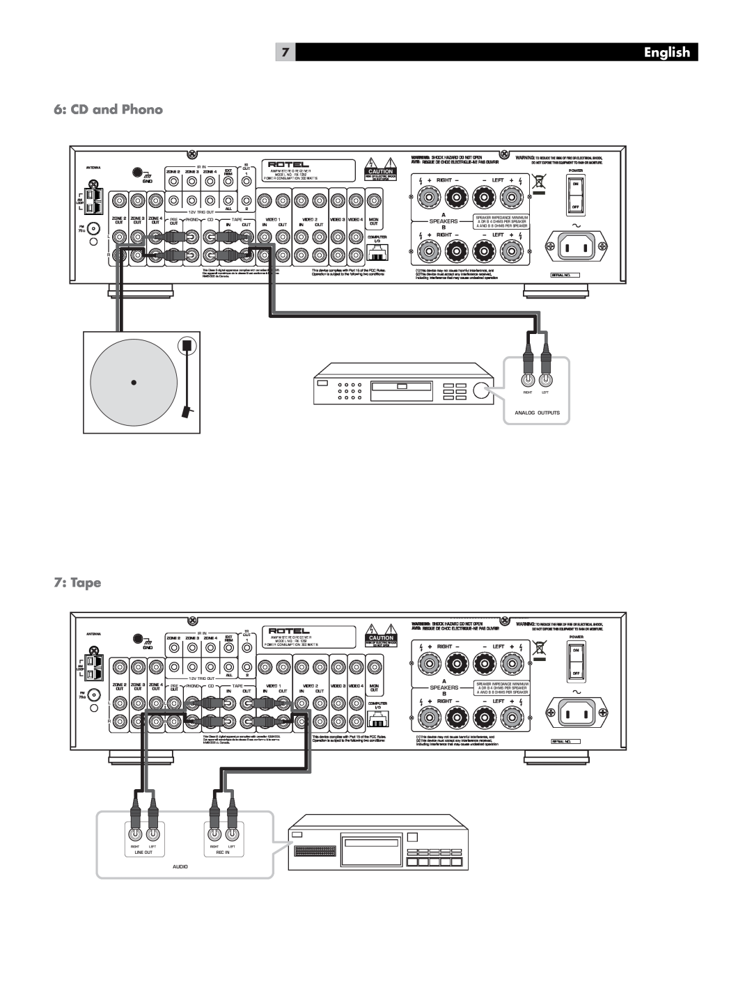 Rotel owner manual CD and Phono, Tape, English, Am/Fm Stereo Receiver, MODEL NO. RX-1052, POWER CONSUMPTION 300 WATTS 