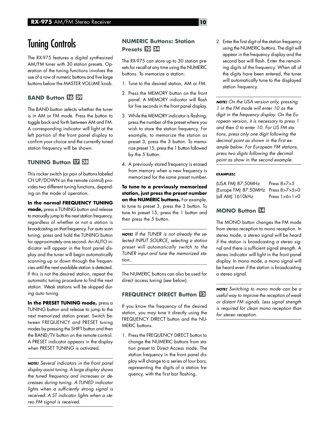 Rotel RX-975 owner manual Tuning Controls 