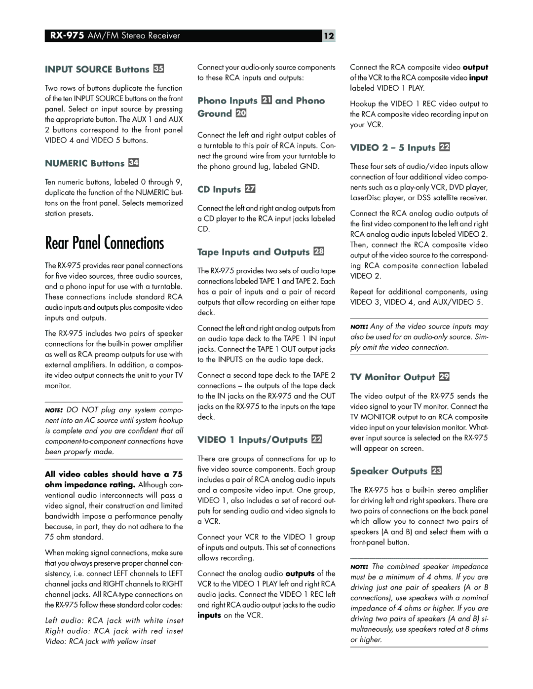 Rotel RX-975 Numeric Buttons, Phono Inputs and Phono Ground, CD Inputs, Tape Inputs and Outputs, Video 1 Inputs/Outputs 