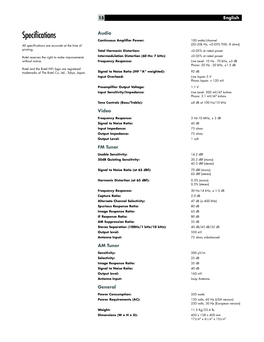 Rotel RX-975 owner manual Specifications 