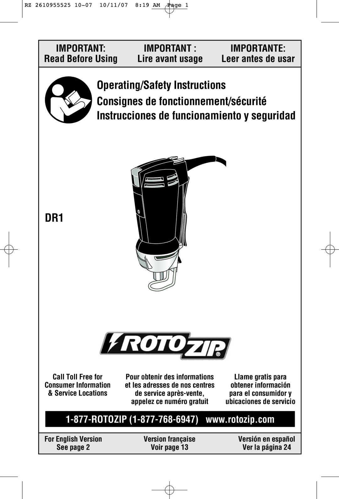 RotoZip DR1 manual For English Version Version française, Voir Ver la página 