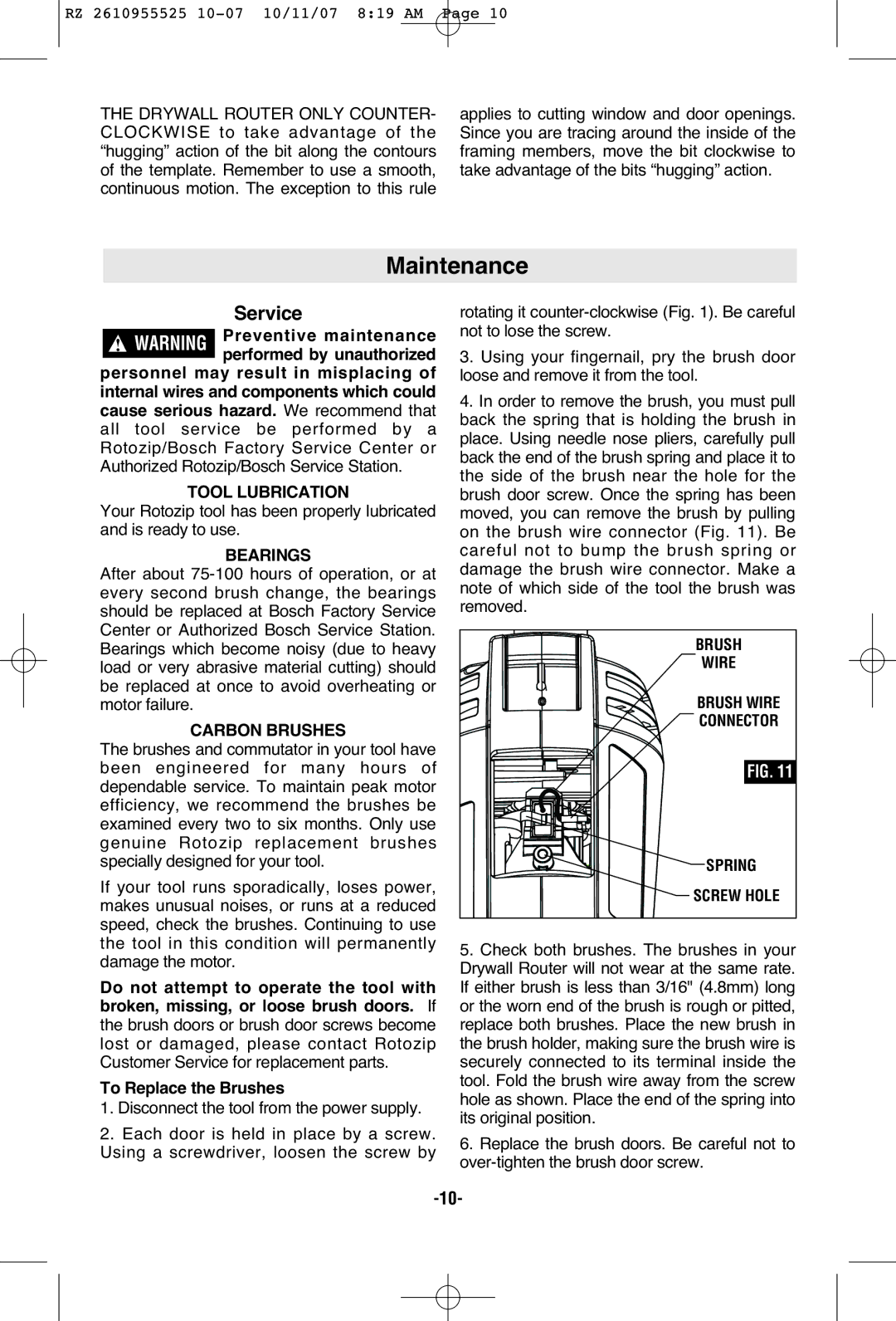 RotoZip DR1 manual Maintenance 