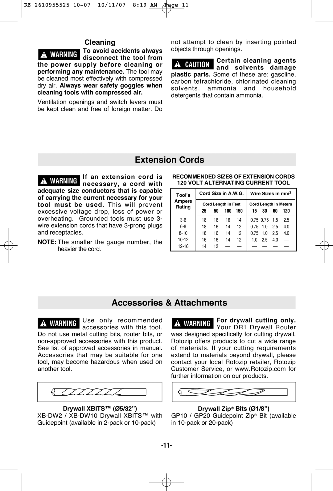 RotoZip DR1 manual Extension Cords, Accessories & Attachments, Cleaning 