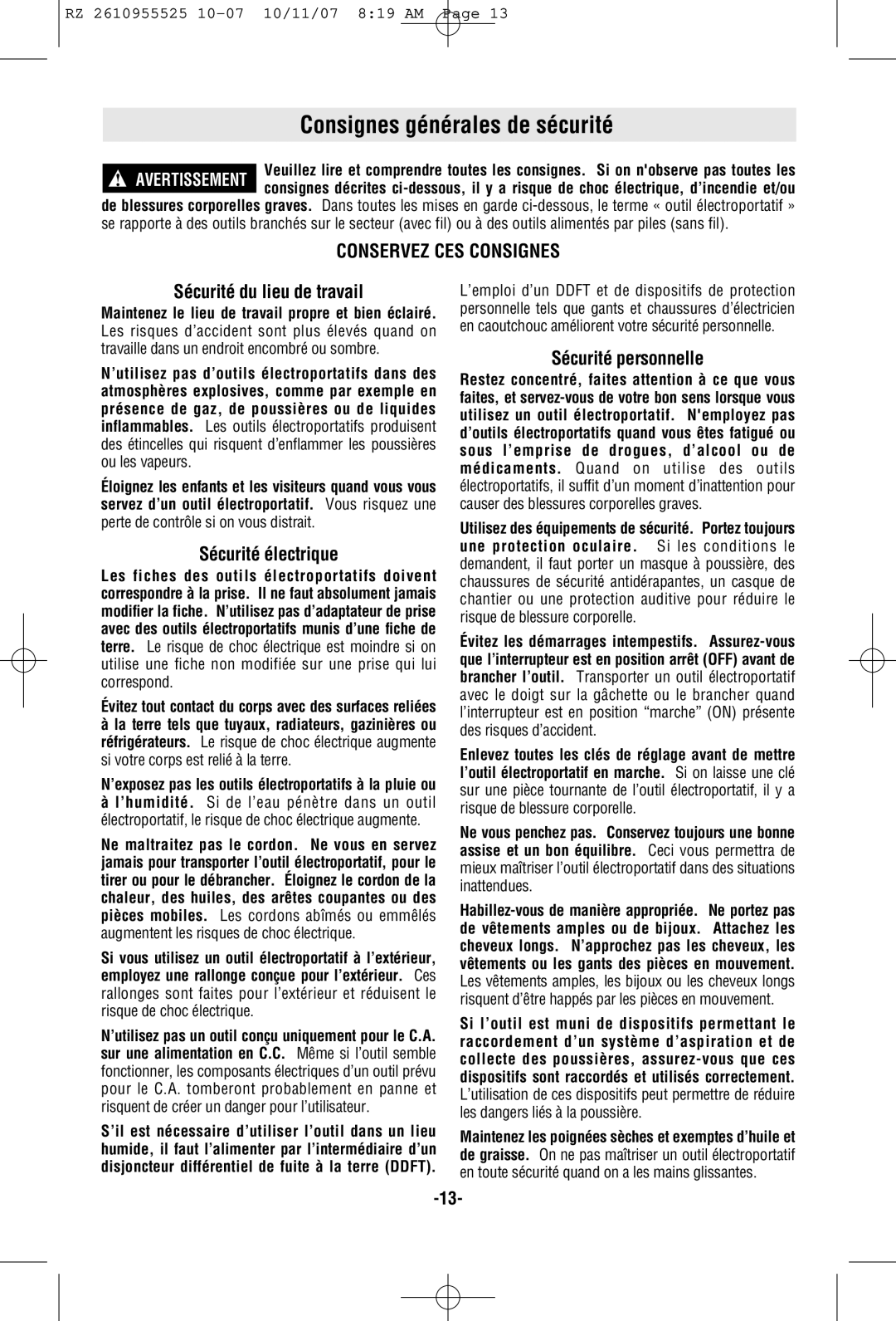 RotoZip DR1 manual Consignes générales de sécurité, Sécurité du lieu de travail, Sécurité électrique, Sécurité personnelle 