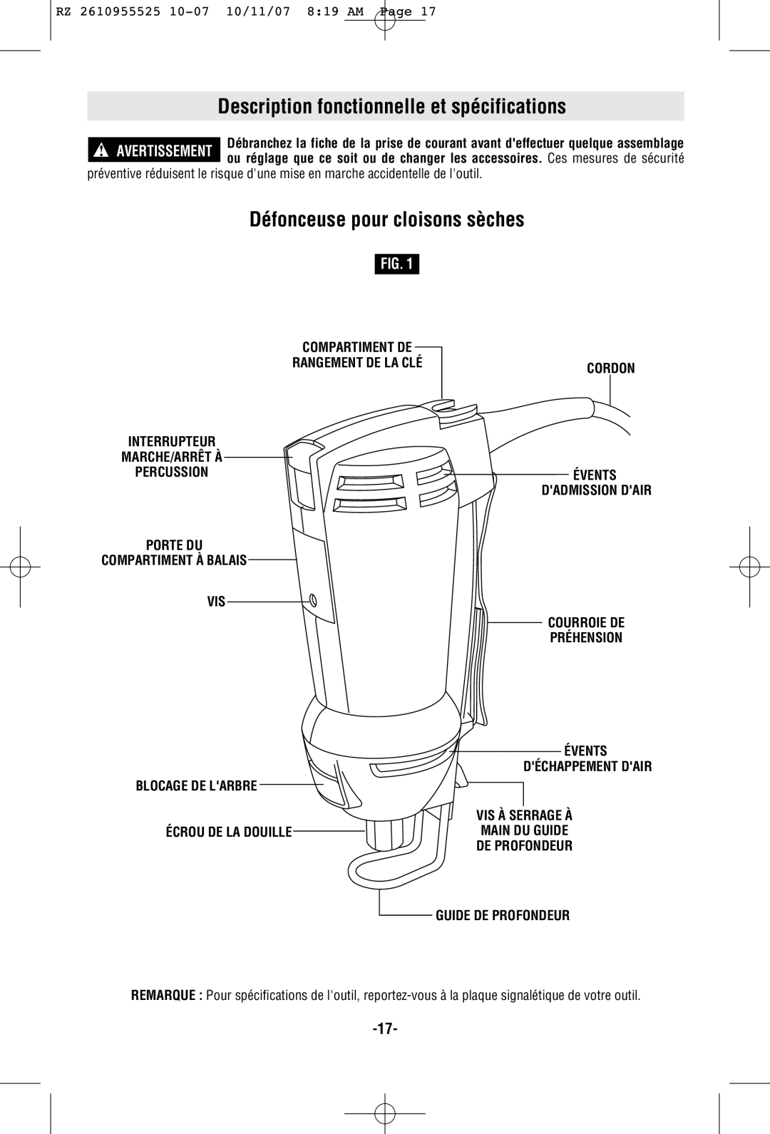 RotoZip DR1 manual Description fonctionnelle et spécifications, Défonceuse pour cloisons sèches 